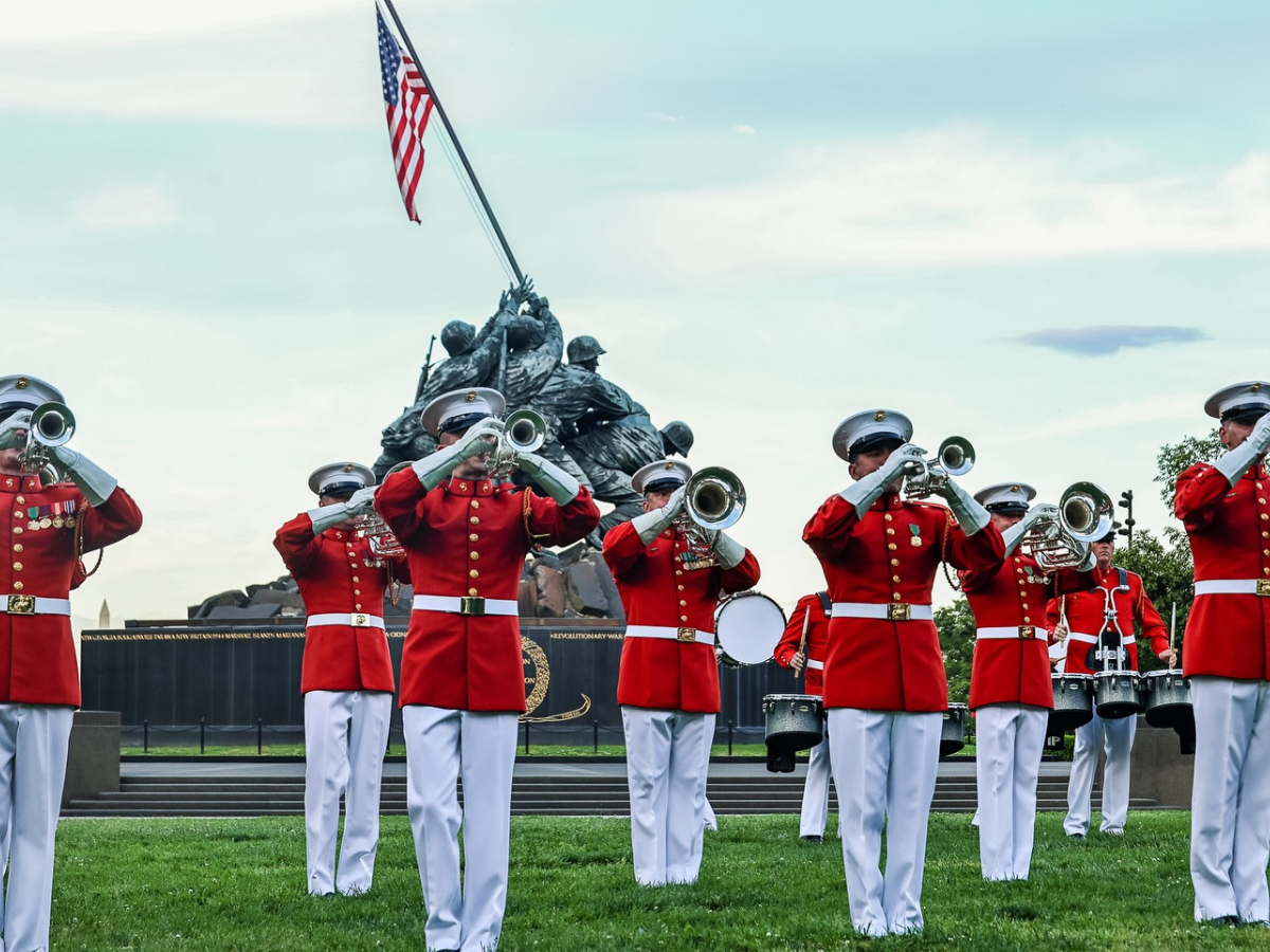 Marine Corps band performing ceremonial brass at Iwo Jima Memorial in ...